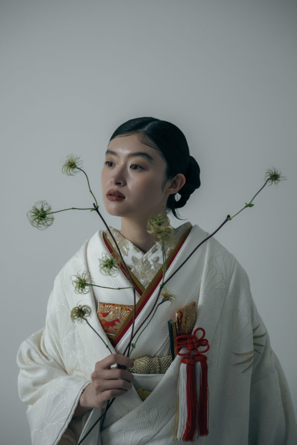 白金扇面菊に鶴